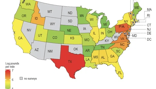 Map showing Texas leads the nation in marine debris per mile of coastline